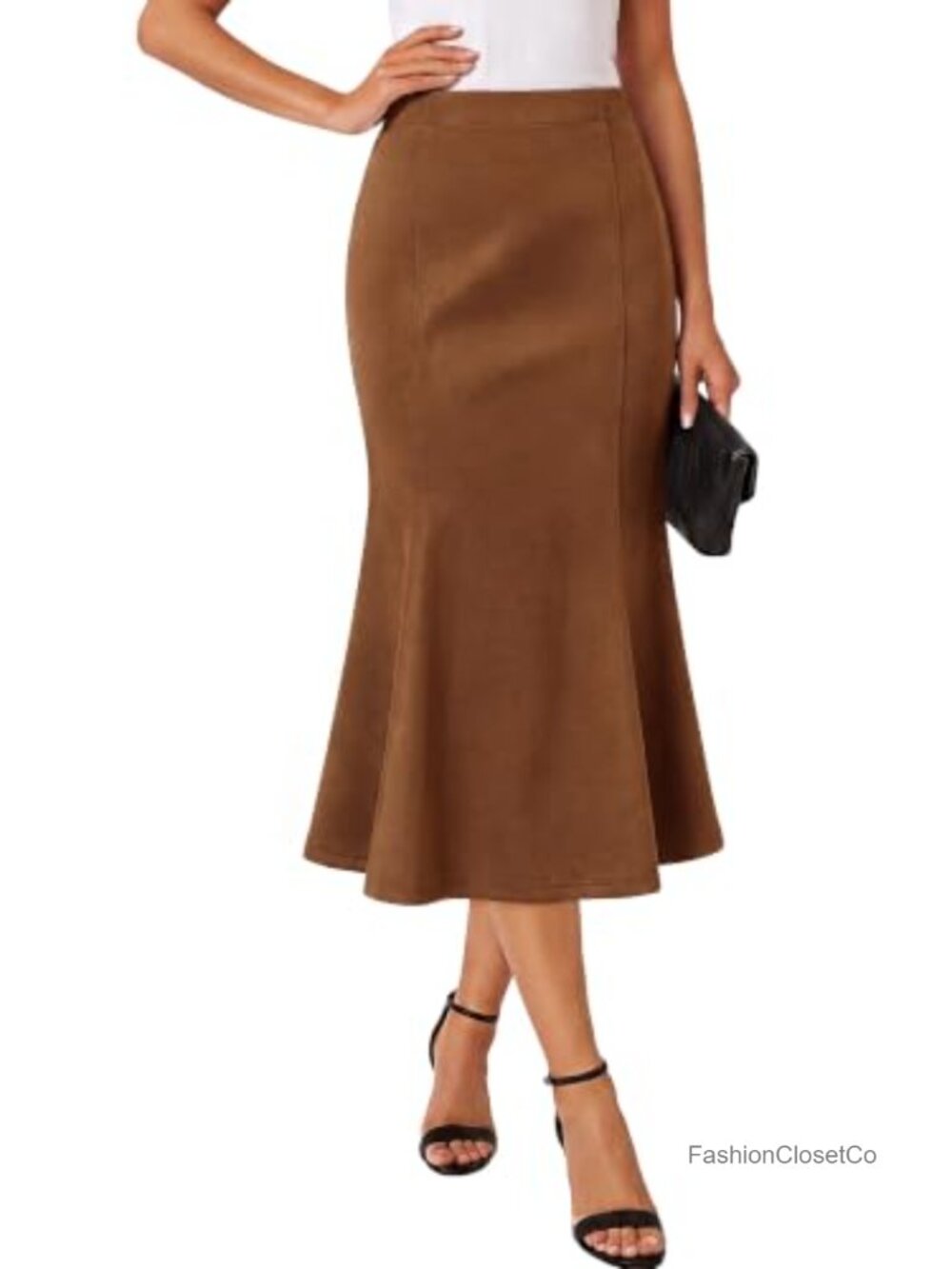 Faux Suede High Waist Mermaid Midi Skirt Fishtail Hem Fall Winter